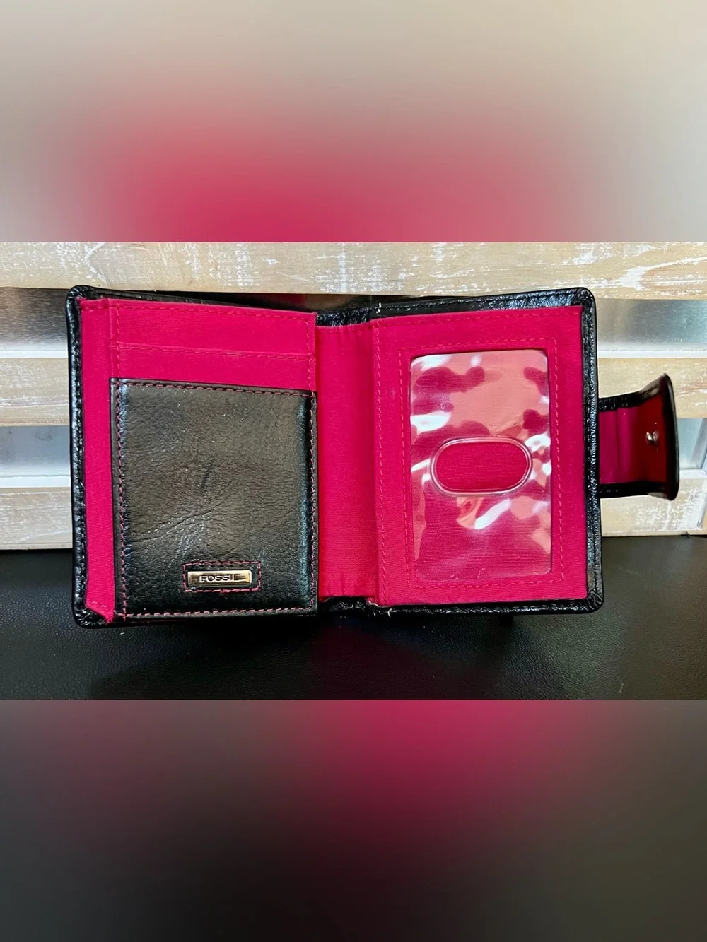 FOSSIL Vintage Black Trifold Leather Wallet with Hot Pink Interior